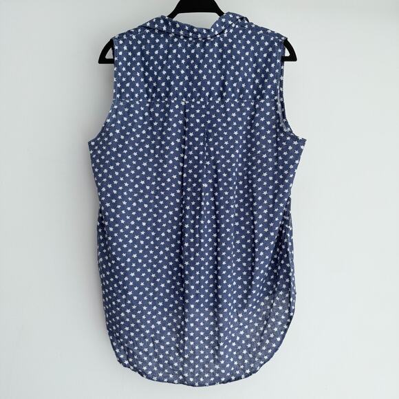 Frank & Eileen Fiona Top Women Medium Blue Linen Sleeveless Button Up Star Print - Picture 3 of 11